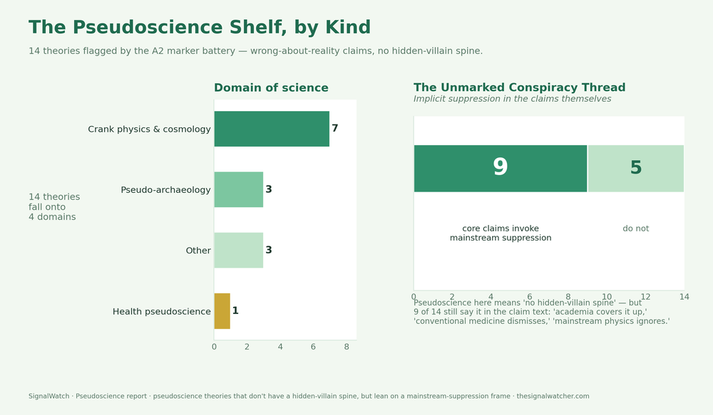 The pseudoscience shelf: 14 theories by domain plus the implicit-suppression overlap.